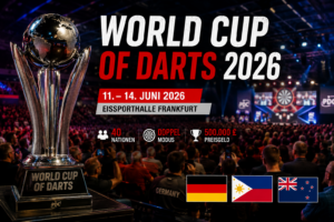 World Cup of Darts 2026 in Frankfurt mit Pokal, Bühne und den Flaggen von Deutschland, Philippinen und Neuseeland