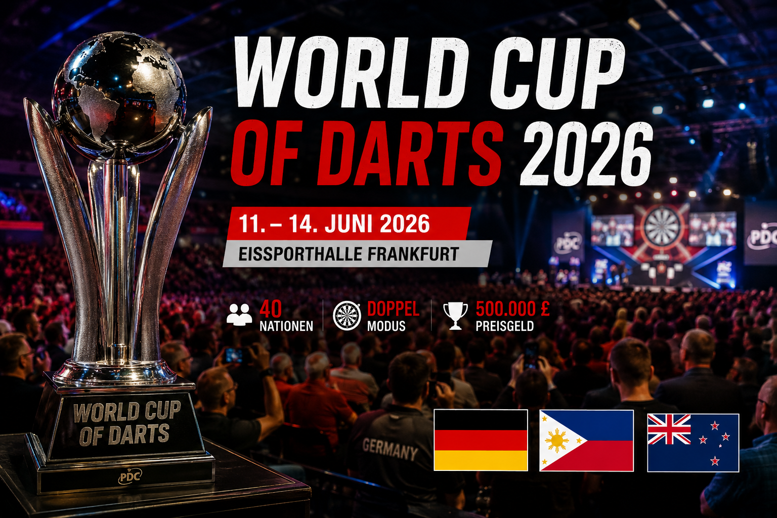 World Cup of Darts 2026 in Frankfurt mit Pokal, Bühne und den Flaggen von Deutschland, Philippinen und Neuseeland