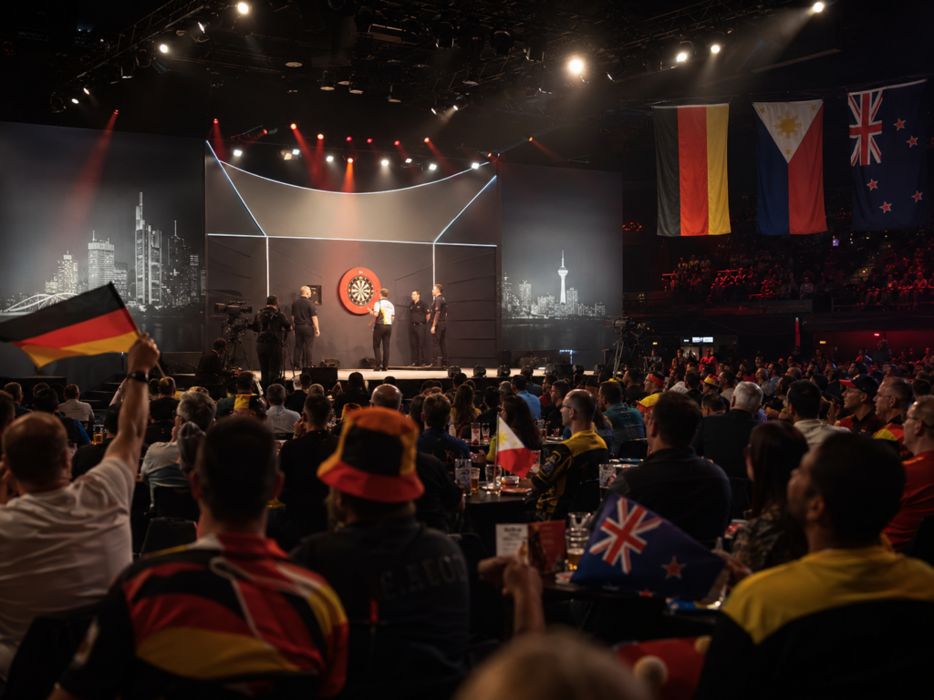 Darts-Bühne beim World Cup of Darts 2026 in Frankfurt mit Publikum und Nationenflaggen