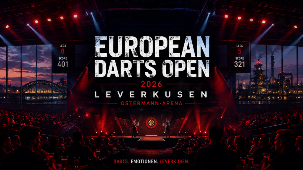 Darts-Arena bei den European Darts Open 2026 in Leverkusen mit Publikum, Bühne und Industriekulisse im Hintergrund.