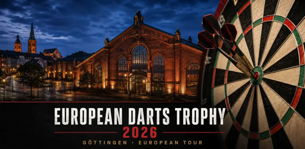 Göttingen bei Nacht mit historischer Lokhallen-Architektur, drei Darts im Board und der Beschriftung European Darts Trophy 2026 – Göttingen · European Tour.