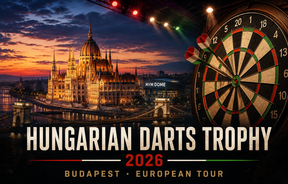 Hungarian Darts Trophy 2026 in Budapest mit beleuchtetem Parlament, Kettenbrücke, Dartboard und drei Pfeilen im European-Tour-Design.