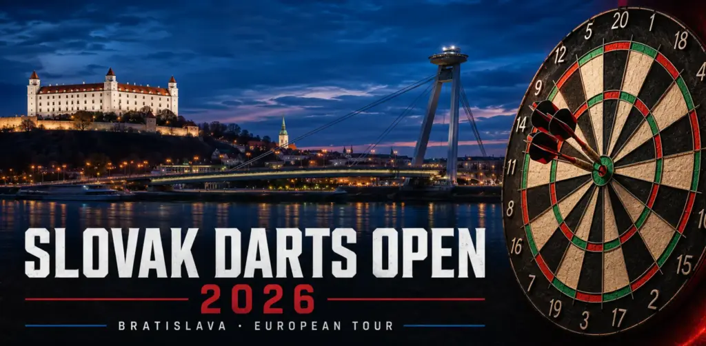 Slovak Darts Open 2026 in Bratislava mit Burg, UFO-Brücke und drei Darts im Dartboard