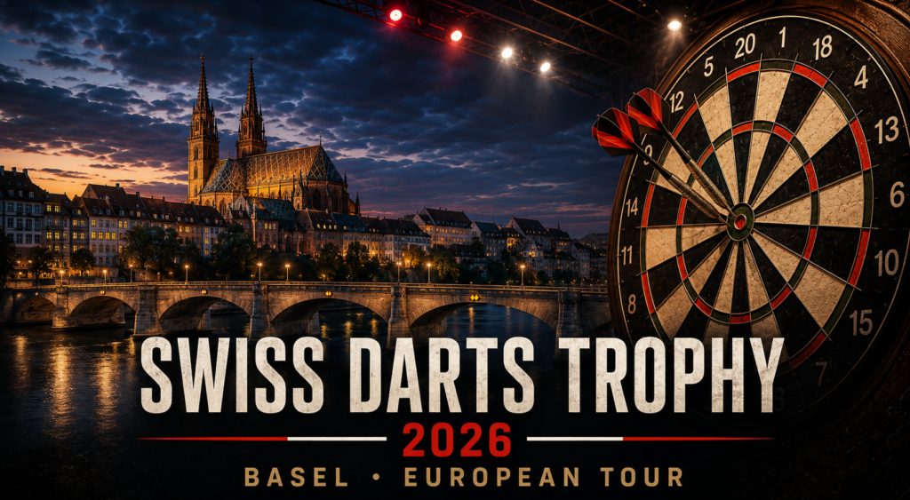 Swiss Darts Trophy 2026 in Basel mit Basler Münster, Mittlerer Brücke, Dartboard und drei Darts.