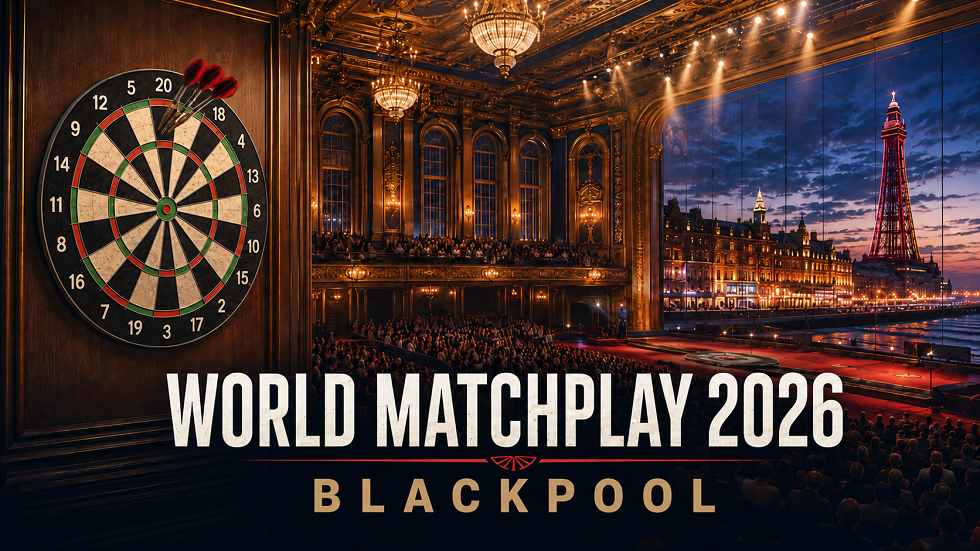 World Matchplay 2026 in Blackpool mit Dartscheibe, Empress Ballroom und Blackpool Tower