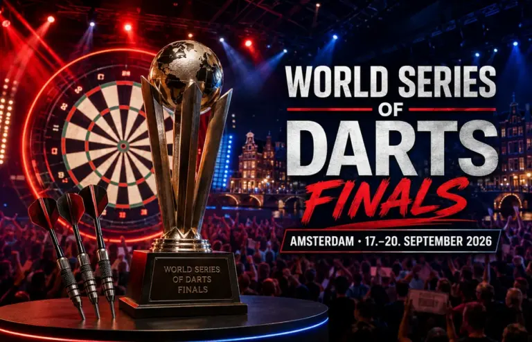 World Series of Darts Finals in Amsterdam mit Trophäe, Dartboard und Bühnenatmosphäre