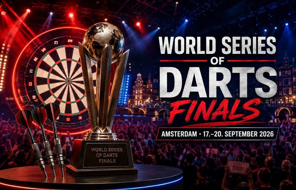 World Series of Darts Finals in Amsterdam mit Trophäe, Dartboard und Bühnenatmosphäre