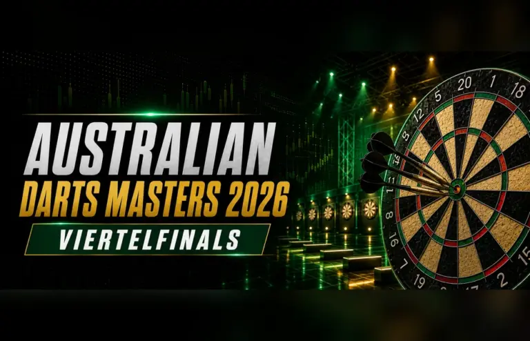 Australian Darts Masters 2026 – Viertelfinals mit Dartboard und grün-goldener Bühnenbeleuchtung.