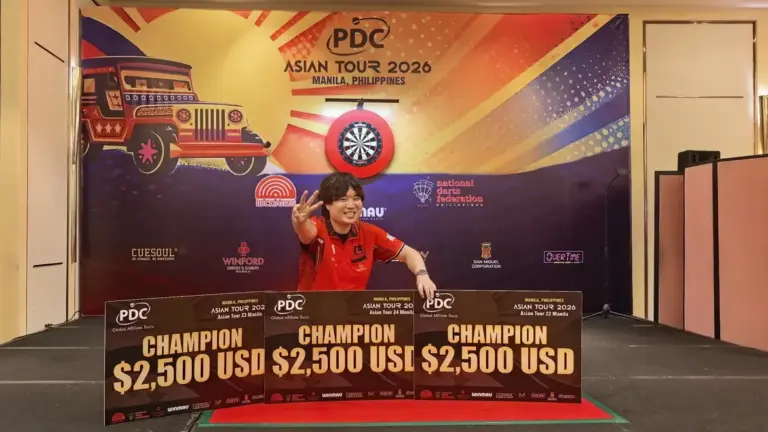 Ryuta Arihara nach seinem Titel-Hattrick auf der PDC Asian Tour 2026