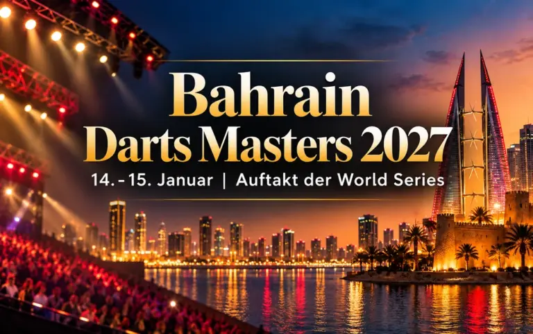 Bahrain Darts Masters 2027 – Illustration mit beleuchteter Skyline von Bahrain, Darts-Publikum und dem Turniertermin 14. und 15. Januar.