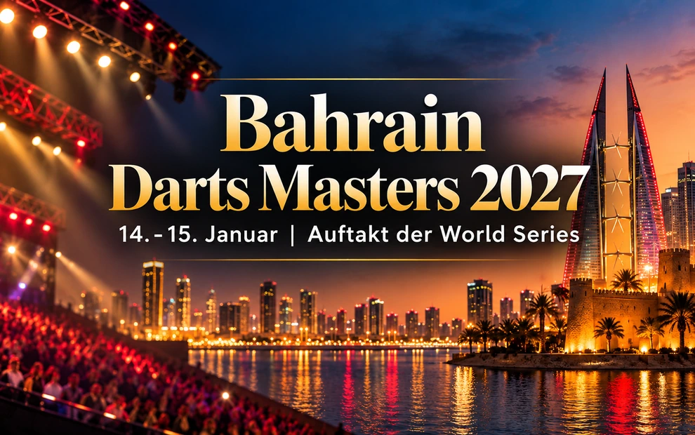 Bahrain Darts Masters 2027 – Illustration mit beleuchteter Skyline von Bahrain, Darts-Publikum und dem Turniertermin 14. und 15. Januar.
