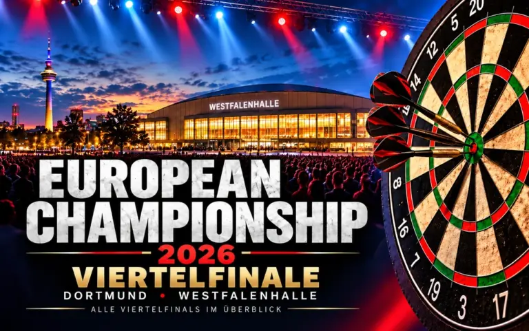 European Championship 2026 – Viertelfinale in der Dortmunder Westfalenhalle mit Dartscheibe und Turniermotiv.