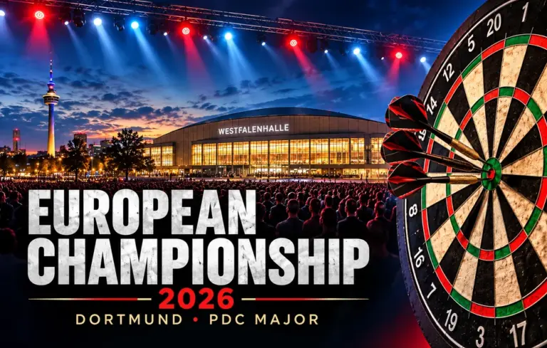 European Championship 2026 in Dortmund – Westfalenhalle mit beleuchteter Kulisse, Dartscheibe und drei Dartpfeilen.