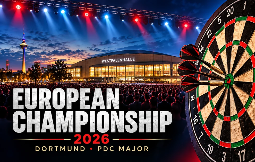 European Championship 2026 in Dortmund – Westfalenhalle mit beleuchteter Kulisse, Dartscheibe und drei Dartpfeilen.