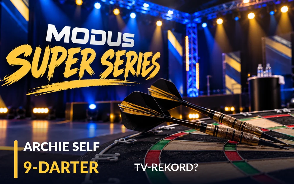 Symbolbild zur MODUS Super Series mit Dartscheibe, Dartpfeilen und beleuchteter Bühne samt Schriftzug „MODUS SUPER SERIES“.