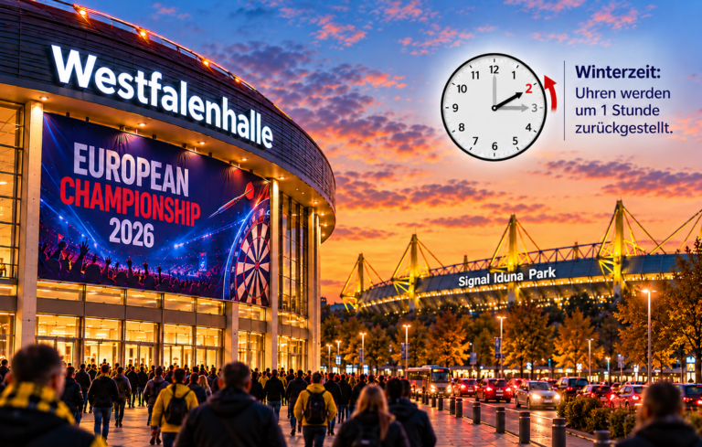European Championship 2026 in Dortmund: Westfalenhalle und Signal Iduna Park bei Abenddämmerung, Anreiseverkehr und Uhr zur Zeitumstellung.