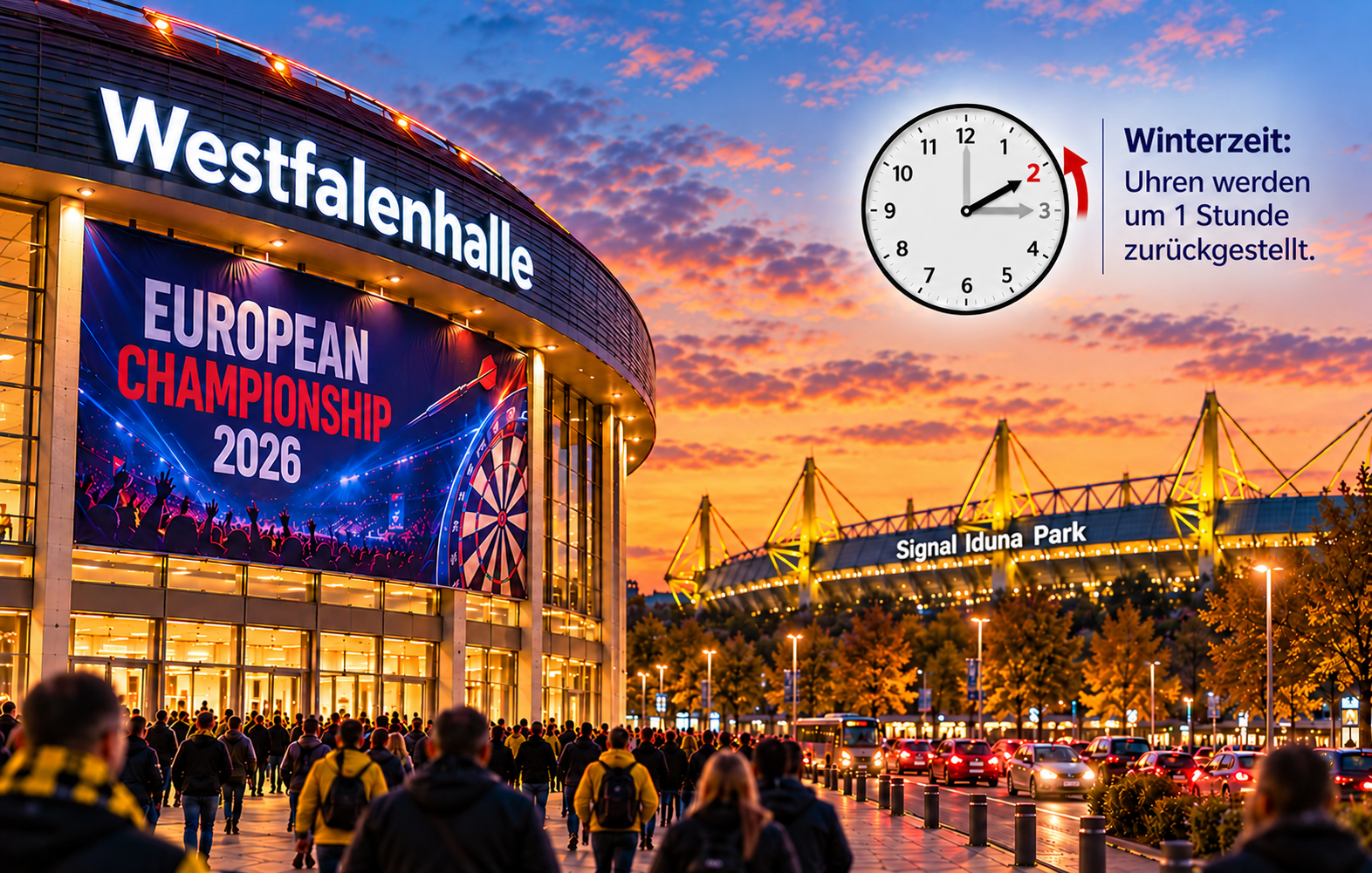 European Championship 2026 in Dortmund: Westfalenhalle und Signal Iduna Park bei Abenddämmerung, Anreiseverkehr und Uhr zur Zeitumstellung.